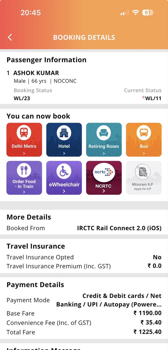 DalitOnLine's tweet photo. Subject: IRCTC charging Rs 26.04 for UPI payment for booking ticket. Why?

Dear Minister Ashwini Vaishnav @AshwiniVaishnaw 
Copy to: @PMOIndia & @IRCTCofficial 
I am writing this to bring this into your knowledge how IRCTC has been duping by fraudulent activities the hapless passenger booking ticket using IRCTC application.
You will notice that the ticket for Delhi to Lucknow is of Rs. 1225.40 including convenience fee and GST. IRCTC declare that there are no additional charges for payment by UPI. But, I was charged Rs. 1251.44 which is Rs.26.04 more than IRCTC should have deducted or charged. 
I hope as the Minister incharge of IRCTC, you will take concrete action on this and take punitive action against those who are involving @indianrailway__  in such frauds.
Looking forward to strict action asap!
Regards
Ashok Kumar