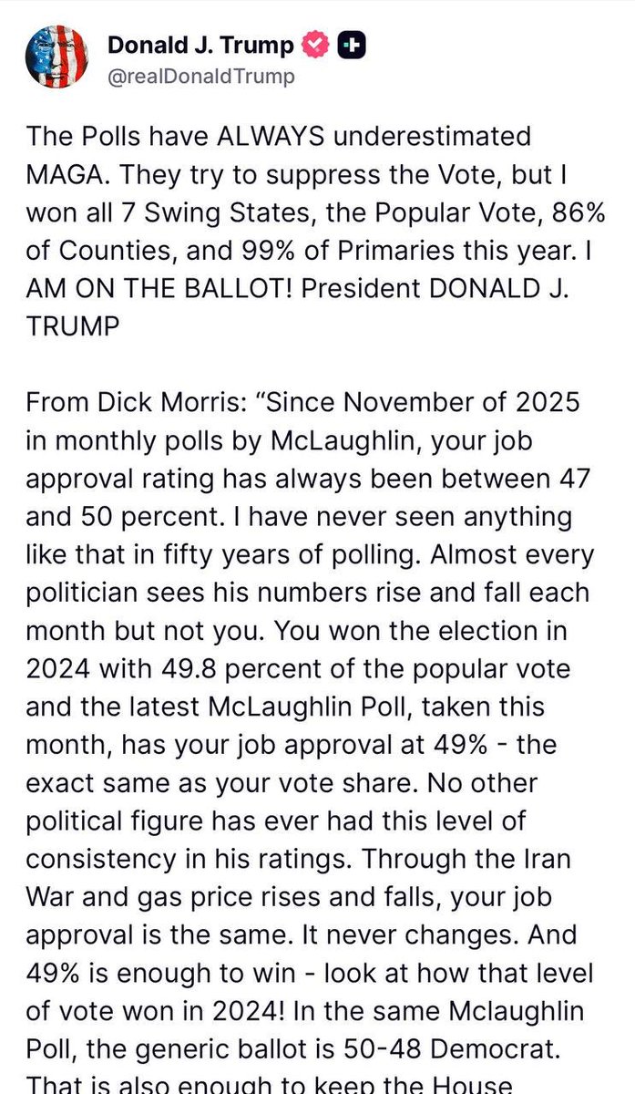 Grahamizxx's tweet photo. NEW — From President Trump: 

"The Polls have ALWAYS underestimated MAGA. They try to suppress the Vote, but I won all 7 Swing States, the Popular Vote, 86% of Counties, and 99% of Primaries this year. I AM ON THE BALLOT! President DONALD J. TRUMP
From Dick Morris:Since November https://t.co/FuRBB5CDuo