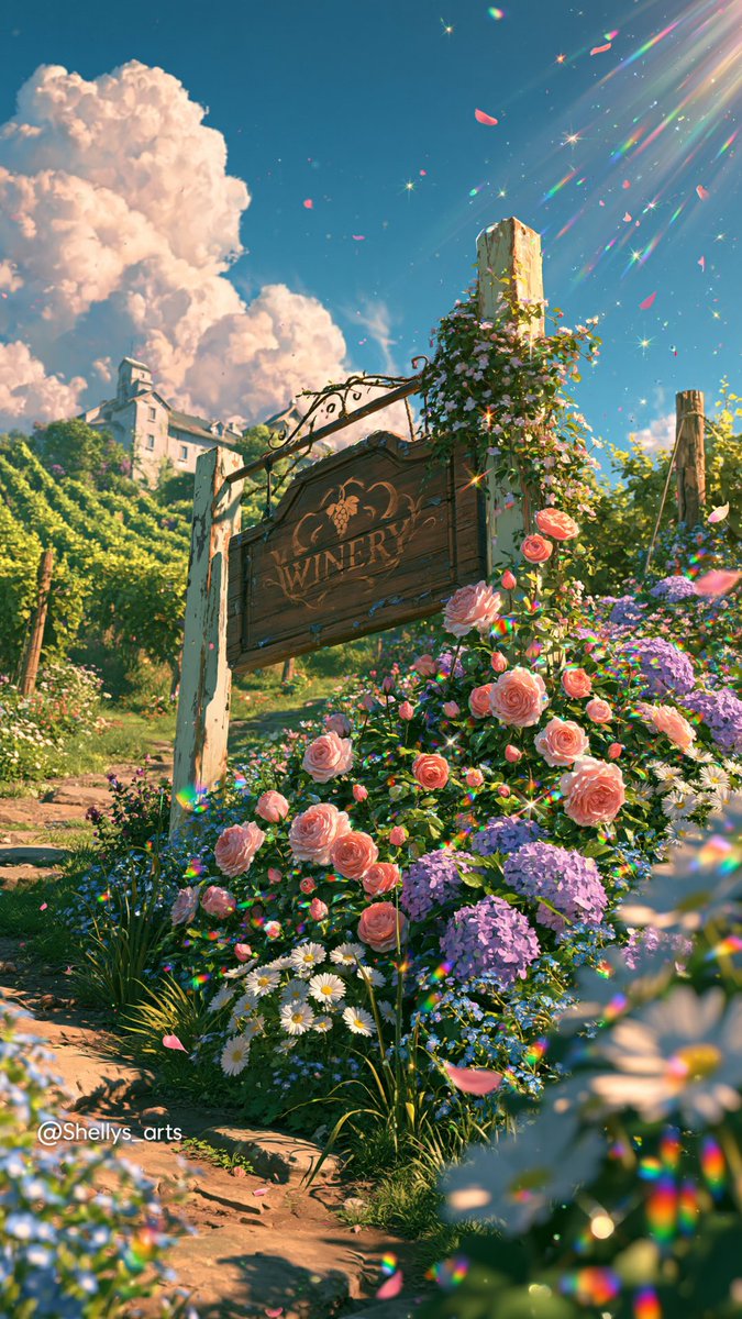 Shelly29777's tweet photo. A Dreamy Day at the Winery 🌸🍷
Rosé, flowers and vineyard views under the dreamiest spring sky ✨
📱 Wallpapers available on my Ko-fi
✨ Follow @shellys_arts for more dreamy worlds
#aiart #digitalart #winery #vineyard #wine https://t.co/XlATrP6KOk