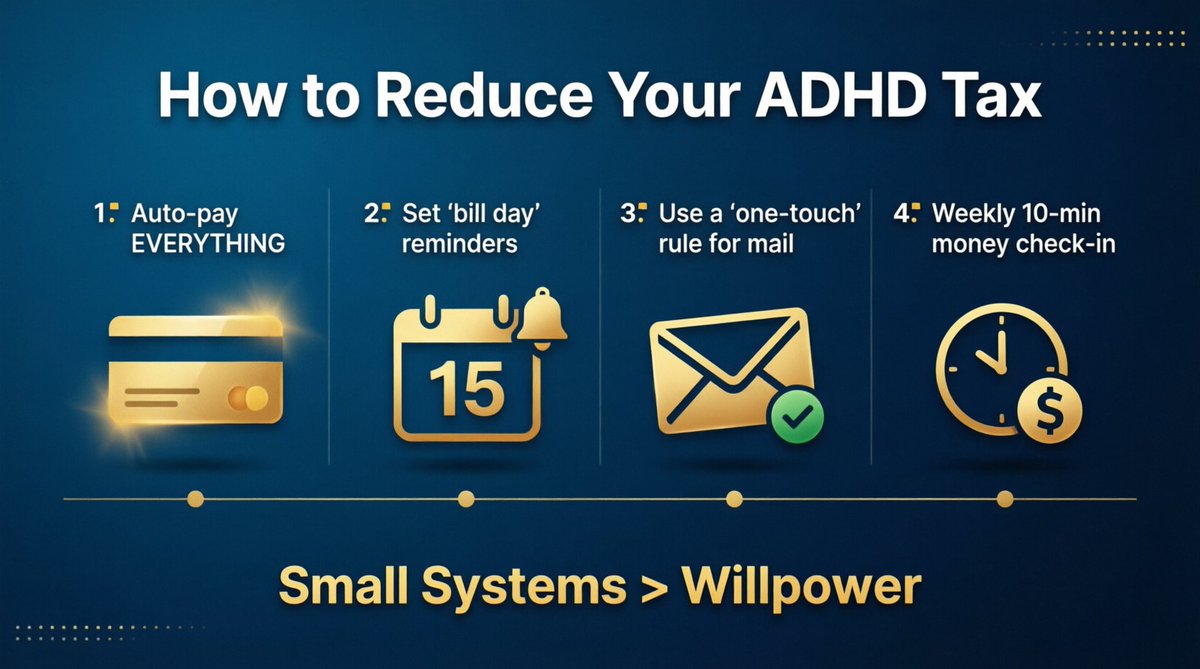 ADHDFocusGuide's tweet photo. How to reduce your ADHD Tax: ️
1️⃣ Auto-pay EVERYTHING
2️⃣ Set "bill day" reminders
3️⃣ Use a "one-touch" rule for mail
4️⃣ Weekly 10-min money check-in
Small systems > Willpower
#ADHDTips #Productivity https://t.co/QUjAUKo88l