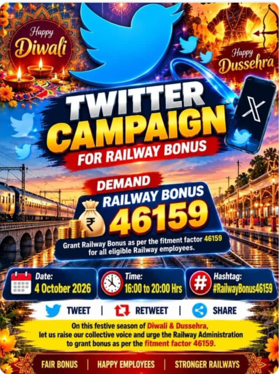 ak6252052's tweet photo. Railway employees demand 78 days’ bonus based on the 7th CPC minimum Basic Pay of ₹18,000, not the 6th CPC ₹7,000. This makes the bonus ₹46,159.

Respect our hard work. Ensure justice.

#RailwayBonus46159
@PMOIndia 
@AshwiniVaishnaw 
@RailMinIndia 
@LkoAipma https://t.co/SR05EU32yR