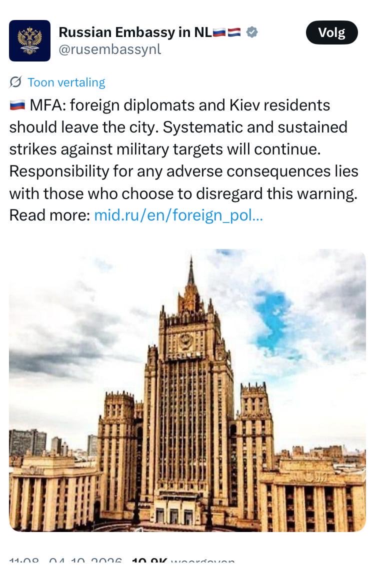 KBurgerDirven's tweet photo. Oekraine🇺🇦 is een onafhankelijk Europees land. We hebben niemand nodig om te bepalen wie er welkom is in Kyiv. Dat bepalen we zelf. De russen zijn niet welkom. Als zij ons land verlaten, dan is er vrede. 
Accepteert Den Haag dit soort bedreigingen vanuit een lokale ambassade? 1/ https://t.co/cTNKRg1tAw