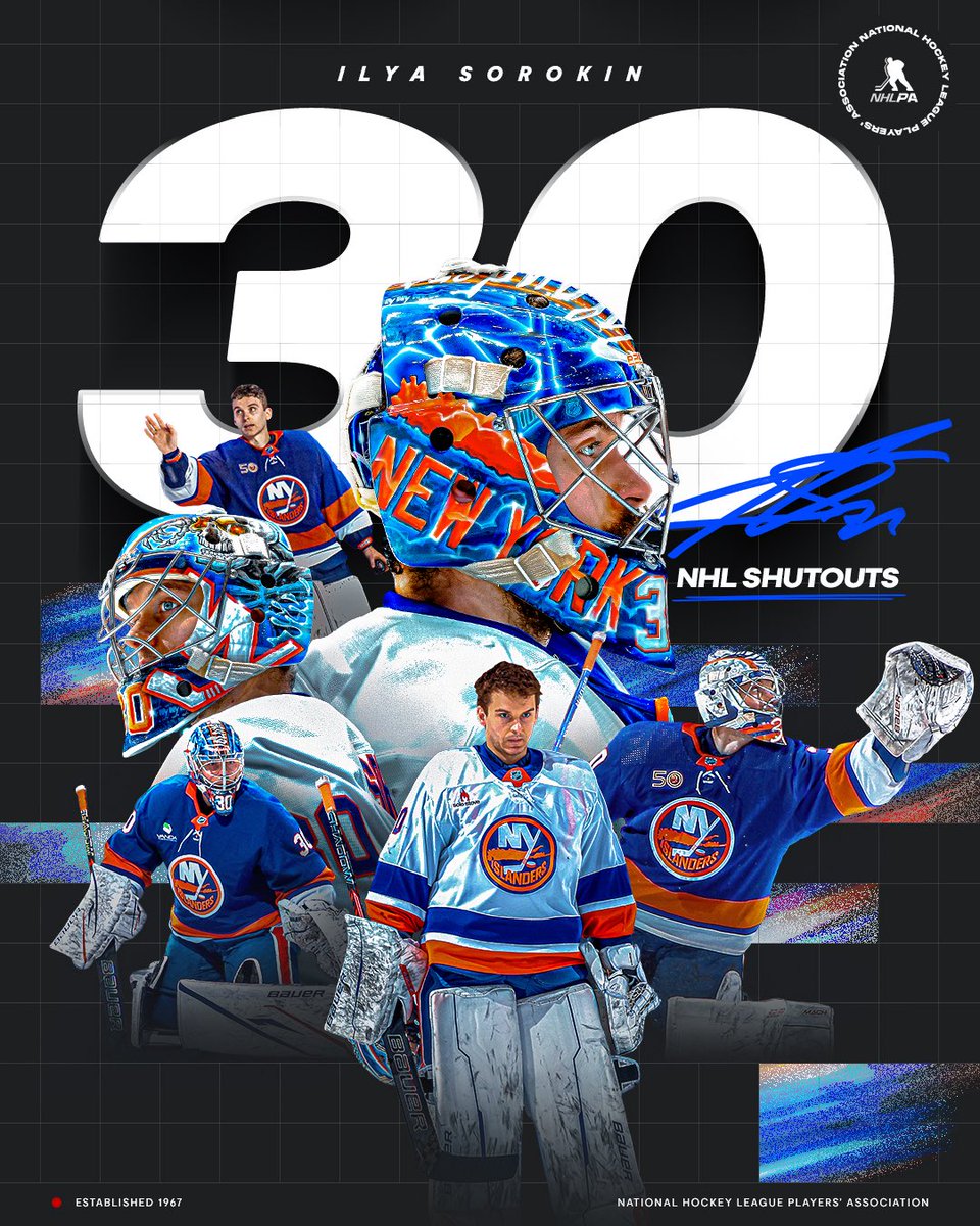 NHLPA's tweet photo. The first goalie from the 2014 NHL Draft to hit 30 career NHL shutouts – congrats to Ilya Sorokin ��🚨 https://t.co/IGtymBhPTj