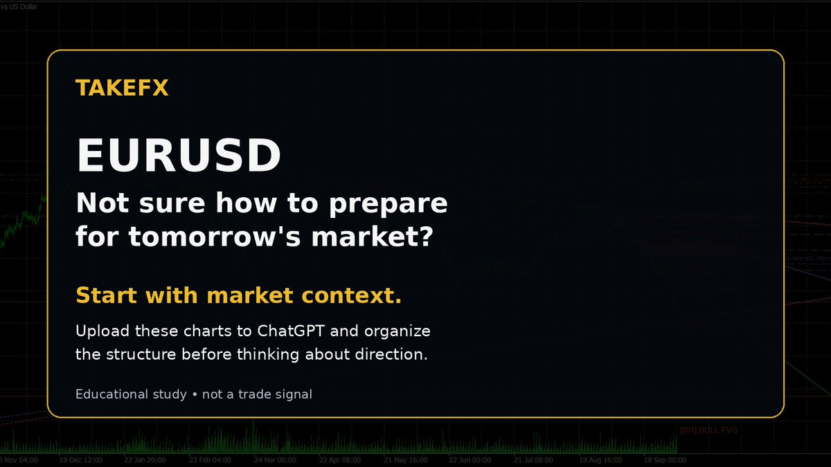 takeshitake34's tweet photo. Not sure how to prepare for tomorrow's market?

Start with market context.

Upload these EURUSD charts to ChatGPT and ask it to explain the market structure, liquidity, Fair Value Gaps, and how the lower timeframes fit inside the higher-timeframe context.

Before thinking about direction, first understand the environment.

Educational & informational use only.
Not financial advice or a trade signal.

#EURUSD #Forex #ChatGPT #MarketStructure #TAKEFX