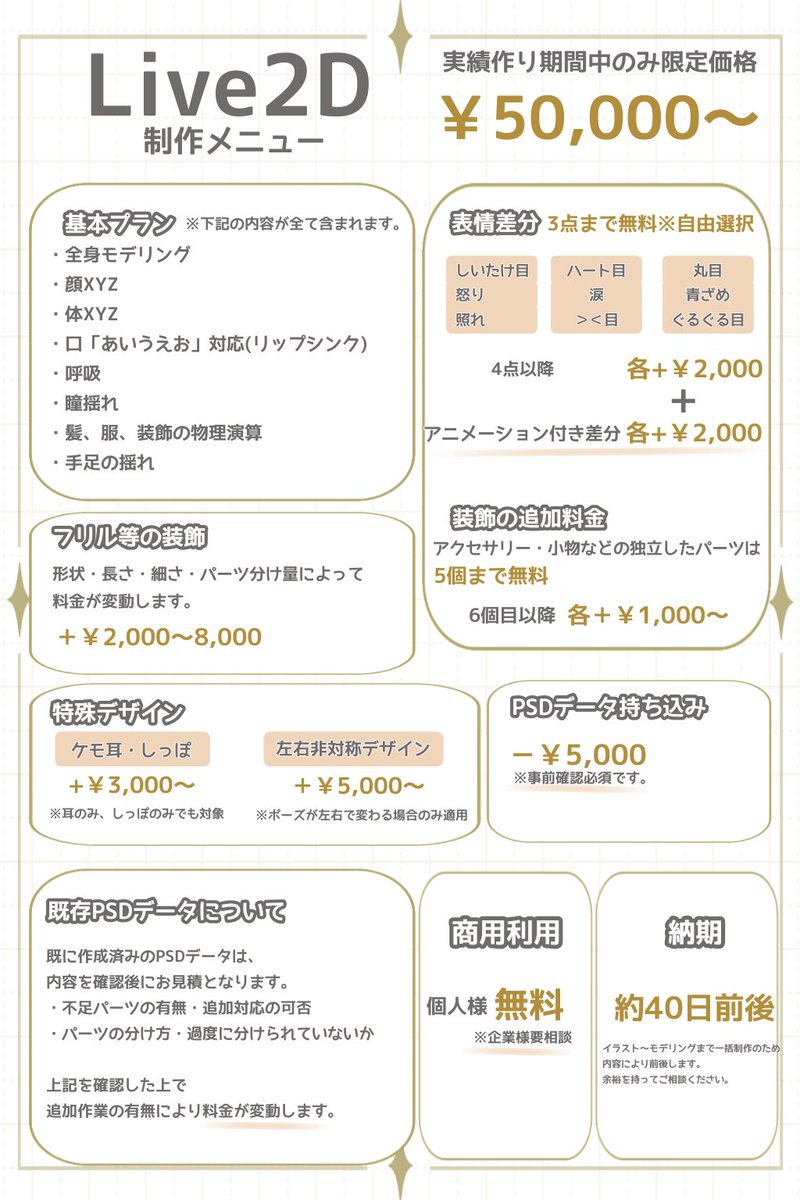 1010_szs's tweet photo. 【Live2Dご依頼募集🍀】

イラスト制作〜パーツ分け〜全身モデリング
◆¥50,000〜
◇ 納期：約40日前後
◆修正無制限
◇商用利用無料

VTuber準備中の方・モデル制作をご検討中の方、ご相談・お見積もりだけでも大歓迎です！

お気軽にDMください！

#Live2D依頼 #Live2D #VTuber準備中 https://t.co/v73NCUe7cn