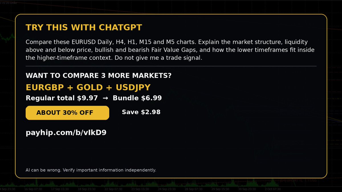 takeshitake34's tweet photo. Not sure how to prepare for tomorrow's market?

Start with market context.

Upload these EURUSD charts to ChatGPT and ask it to explain the market structure, liquidity, Fair Value Gaps, and how the lower timeframes fit inside the higher-timeframe context.

Before thinking about direction, first understand the environment.

Educational & informational use only.
Not financial advice or a trade signal.

#EURUSD #Forex #ChatGPT #MarketStructure #TAKEFX