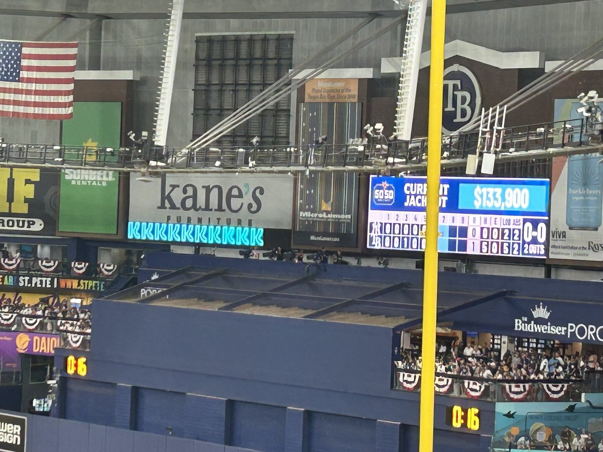 EdMathews's tweet photo. What a night at the Trop.

Rays 1, Yankees 0 in ALDS Game 1. Sold-out crowd of 40,542. Drew Rasmussen carried a no-hitter into the 8th with 10 strikeouts. Jonathan Aranda’s homer was the only run, and Bryan Baker closed it out.

Great game with my family. 
#RaysUp #ALDS https://t.co/cVcoSFV38i