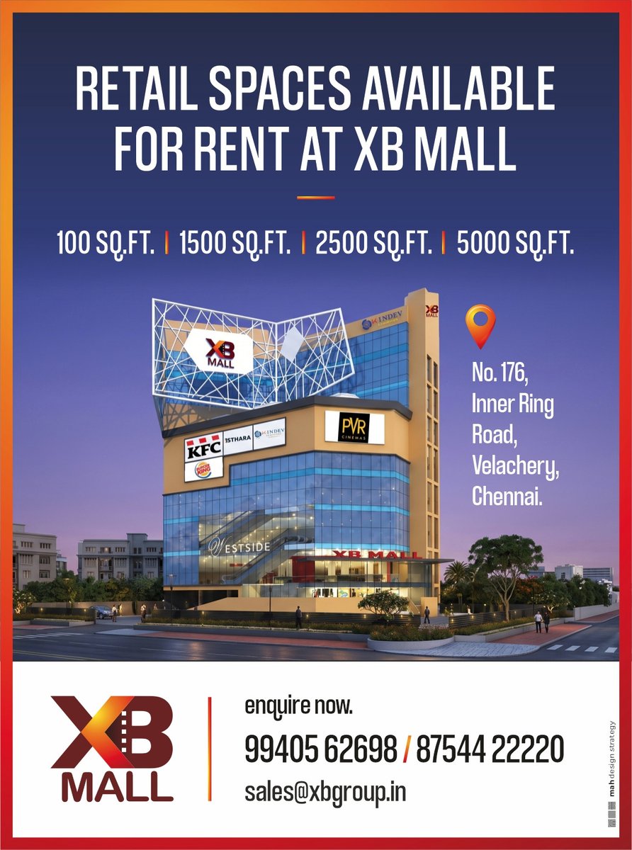 KIndevLogistics's tweet photo. #XBMall #RetailSpace #RetailForRent #ShopForRent #CommercialSpace #CommercialProperty #Chennai #Velachery #InnerRingRoad #RetailSpaceForRent #MallSpace #BusinessSpace #PrimeLocation #ChennaiBusiness #RetailBusiness #XBMallChennai #XBGroup #KIndevLogistics #ShopSpace #EnquireNow https://t.co/G2IIatnGgd