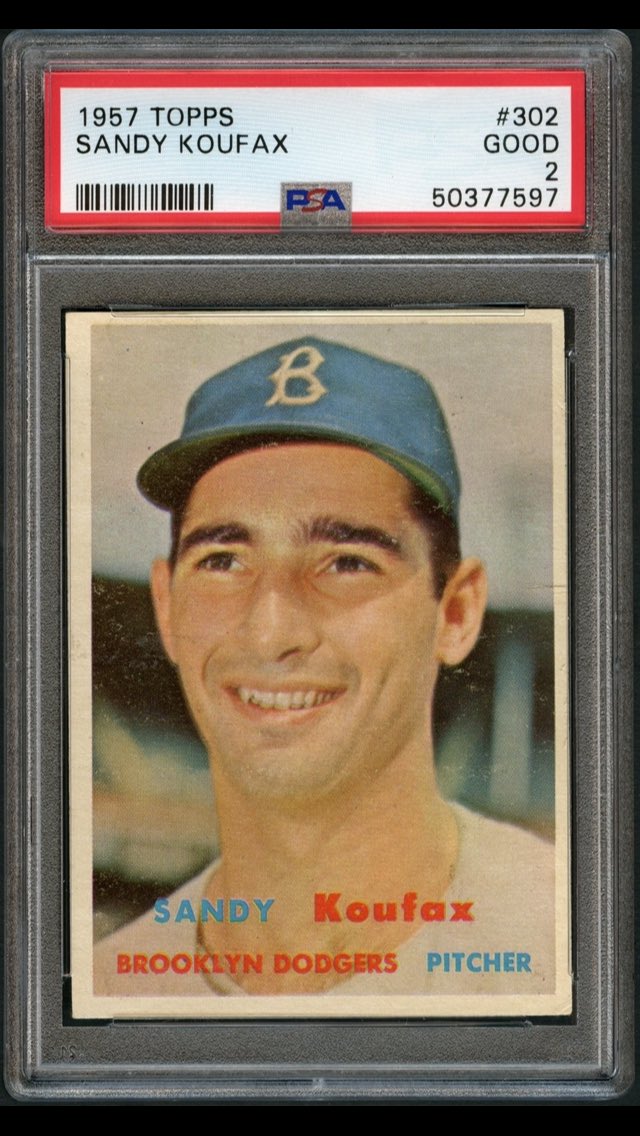 VintageSlabMan's tweet photo. I hope you all are smiling this morning. this is a throwback of the Dodgers great and his 1957 Topps Psa 2 Sandy Koufax that I let go of in 2021. Such a blazer for the grade. When it comes to baseball cards, the 1957 set can be so hit or miss. When they are clean they pop. Cheers https://t.co/3UGFMMd5cx