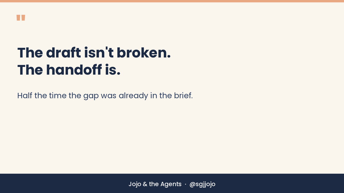 sgjjojo's tweet photo. Funny thing I keep noticing:

When an agent draft is bad, I reach for a better prompt first.

Then I open the brief I actually wrote.

Half the time the gap is already there — missing audience, no example, a constraint I only had in my head.

The draft isn't broken. The handoff is.