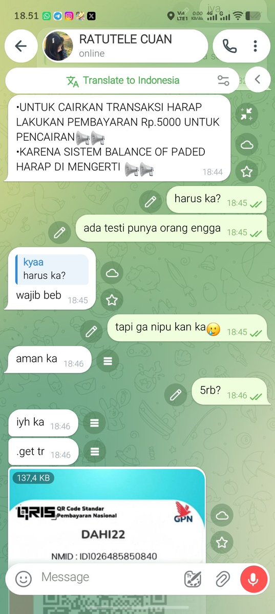 Zeeeyun_'s tweet photo. plis deh guys jan kaya aku suka banget di bohongin, ada aja masih yg scam, awalnya aku tergiur sewa telegram 1jam 170rb, tau tau nya scam aku udah filing sih kalo harus bayar dulu, soalnya aku udah di timpu 2 kali ini pertama aku di tipu 79rb sekarang 5rb 
#zonauangㅤ #discam https://t.co/KFr54NswO7