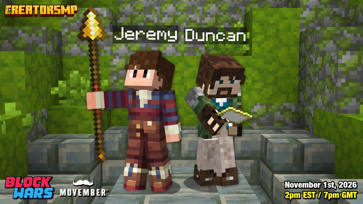 BlockWarsEvent's tweet photo. For our first ever Dutch team, the CreatorSMP shows up in support for Movember! 🧡

JeremyFrieser and Duncan will be joined by 4 friends for Block Wars Movember 2026

November 1st
2pm EST🇺🇸 / 7pm🇬🇧 / 20:00🇳🇱 https://t.co/5FvnEYRETK