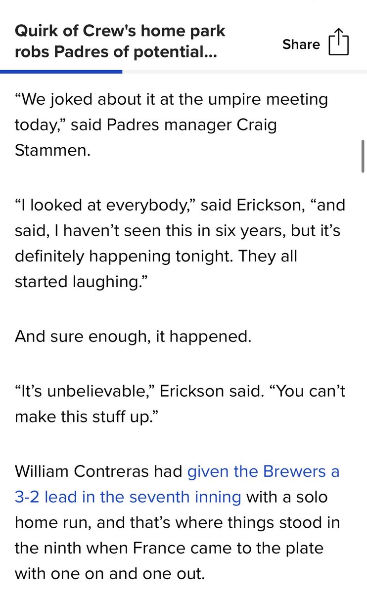 BeholdPaleH0rse's tweet photo. It’s not so much that a ball hit the roof and it decided Brewers-Padres by one run exactly (-210 brewers)

It’s that they were talking about it before the game and saying “it’s gonna happen tonight” before the game. 

Nothing to see here. #MLBrigged https://t.co/nRqrm8v0AN