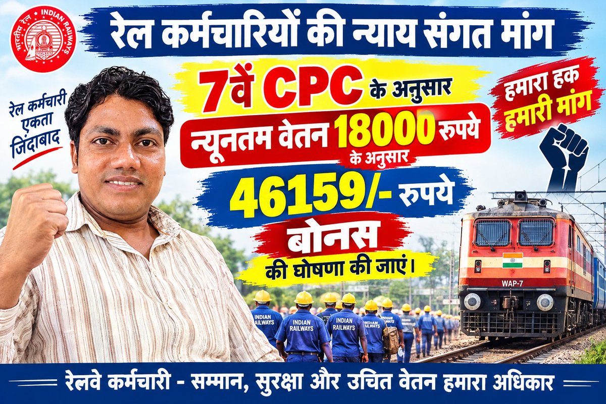 DolikaSatish's tweet photo. #RailwayBonus46159 
माननीय से सादर अनुरोध है कि रेल कर्मचारियों की न्याय संगत मांग 7वें  CPC के अनुसार न्युनतम वेतन 18000 रूपये के अनुसार 46159/- रुपये बोनस की घोषणा की जाएं।
@RailMinIndia @rashtrapatibhvn @PMOIndia @FinMinIndia @aajtak @ZeeNews @PTI_News https://t.co/6ZDIgokq1a