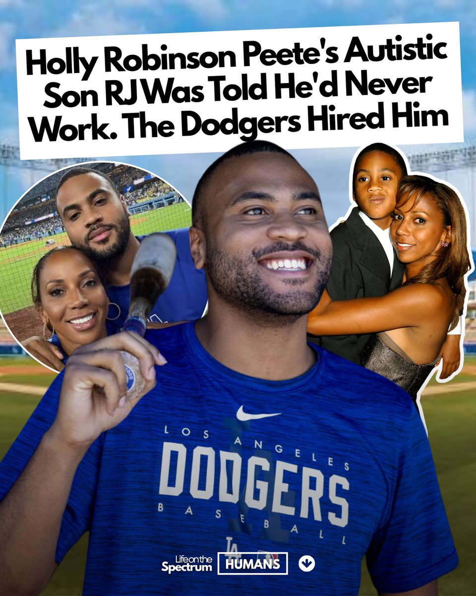hollyrpeete's tweet photo. Repost @LifeotSpectrum: When RJ Peete was diagnosed autistic at 3, his parents, actress Holly Robinson Peete and former NFL quarterback Rodney Peete, were told he would never hold a meaningful job.

Today RJ is a clubhouse attendant for the Los Angeles Dodgers. This is his 11th season. He organizes the lockers, packs/unloads team gear, gets the bullpen ready, does the laundry and is there for anything the players need.
“He’s great at his job, his heart is gold,” manager Dave Roberts told the Los Angeles Times. “He’s a joy to be around. We start the day with hugs,” said Freddie Freeman.

A prediction made about a 3-year-old is not a ceiling.

What were you told about your child that turned out to be wrong? 👇

Source: Los Angeles Times; FOX Sports | @hollyrpeete 

#autism #autismparent #Dodgers #nlds