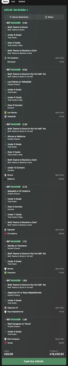 LongShotPundit's tweet photo. £50 could become £18,435.93 tonight 😮‍💨🇪🇸

7 Spanish bet builders standing between us and a ridiculous Sunday 🤑🔥

Which game ruins the party… or do all 7 land? 👀👇 https://t.co/8Bcg2GP1ee