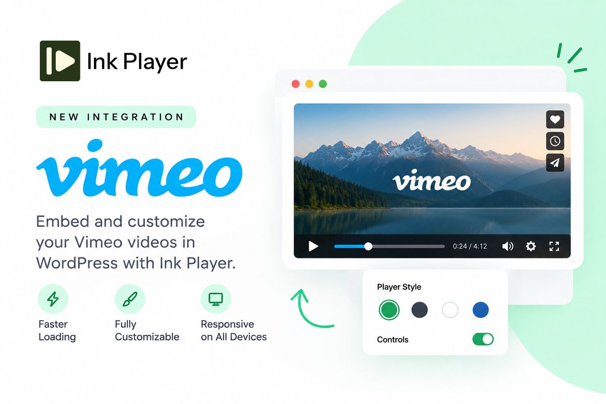 inkplayerwp's tweet photo. @Vimeo + @WordPress, now with more control. 

Ink Player lets you embed your Vimeo videos in a clean, customizable player built for a better viewing experience.

Simple setup. Beautiful playback. More control.

Explore the Vimeo integration 👇 https://t.co/7nTqrJt6d2