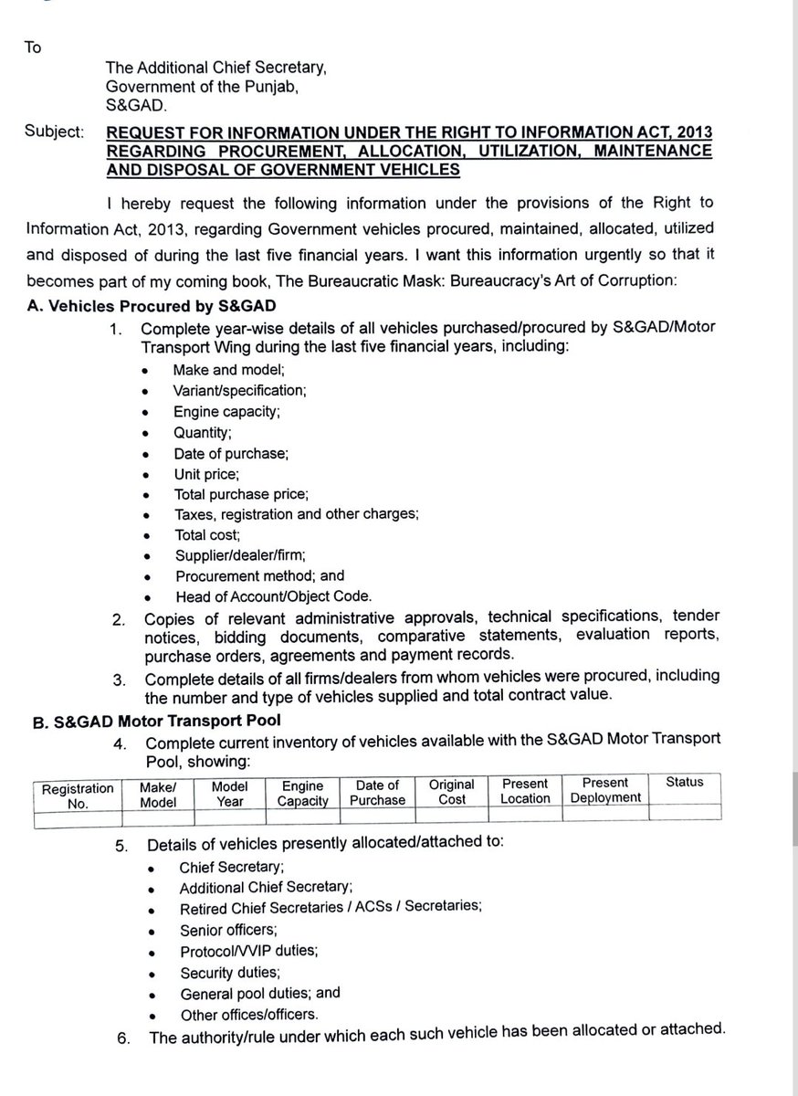 civilservicepun's tweet photo. Mr Tariq Mehmood Awan seeks information regarding Government vehicles undergoing right to information Act from Additional chief secretary Punjab. 
Will he provide this information?
@AabparaX https://t.co/xZdipyRfiA