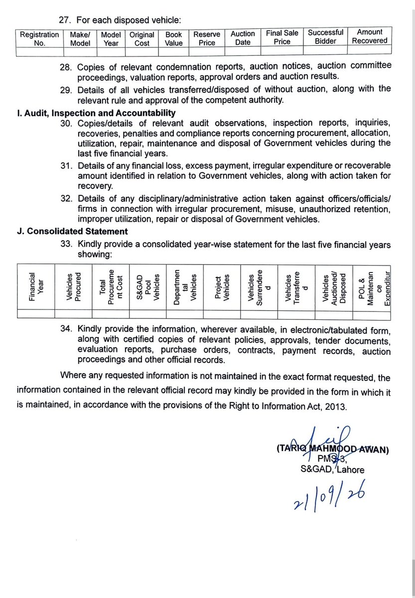civilservicepun's tweet photo. Mr Tariq Mehmood Awan seeks information regarding Government vehicles undergoing right to information Act from Additional chief secretary Punjab. 
Will he provide this information?
@AabparaX https://t.co/xZdipyRfiA