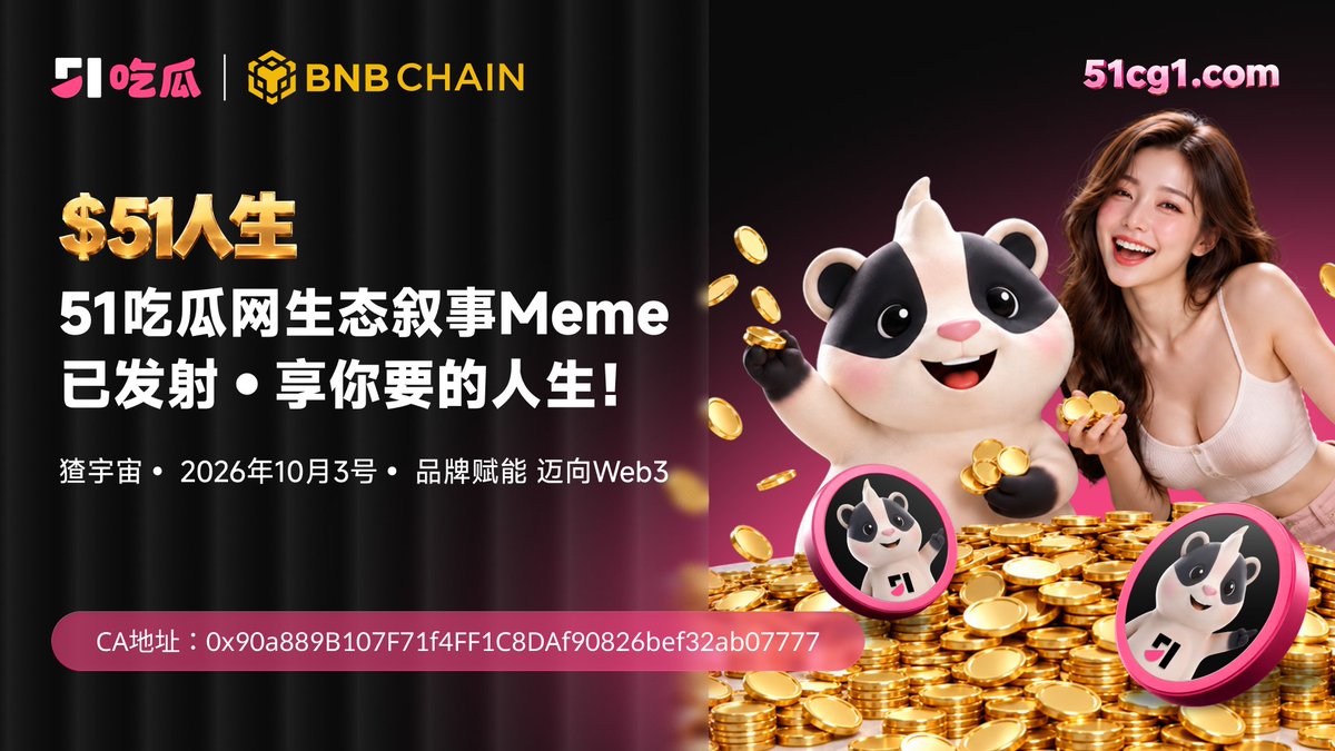 95_Justinchu751's tweet photo. 持有 $51人生，看 51吃瓜网，享你要的人生！ 官方强大叙事Meme已在 #BNBChain 发射🚀 CA：0x90a889B107F71f4FF1C8DAf90826bef32ab07777  国庆档必将引领新一轮神话传奇叙事💪  币安人生，让中文第一次站上了交易所的舞台，中文币成为潮流； 51人生，让 51吃瓜网走进 Web3，让吃瓜文化成为主流。 https://t.co/Luve8PYGGM