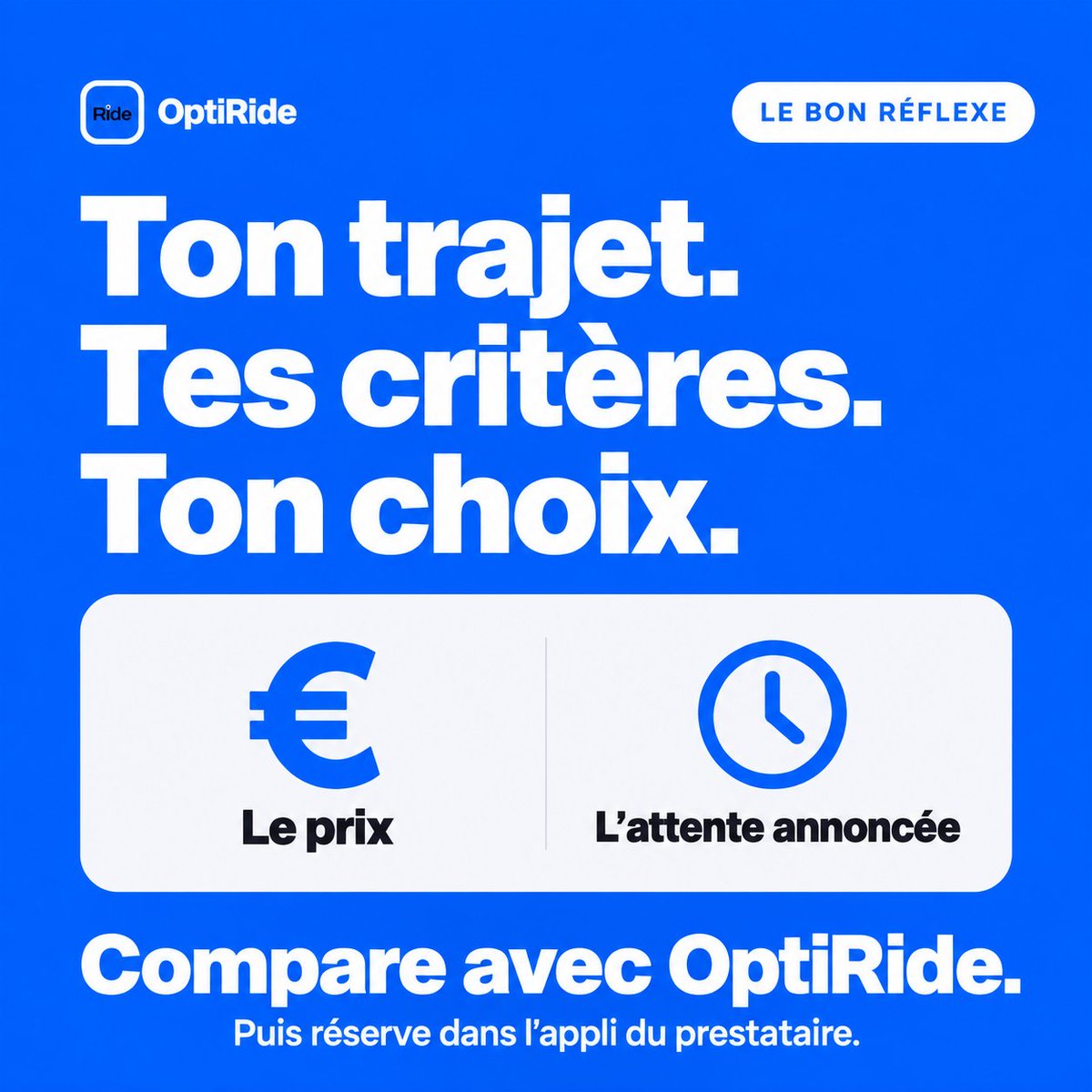 Optirideco's tweet photo. Un rendez-vous, une sortie, un retour à la maison : ton prochain VTC mérite une comparaison. Avec OptiRide, compare le prix et l’attente annoncée, puis réserve dans l’appli du prestataire. #VTC #bonplan https://t.co/3jZlkfow9i