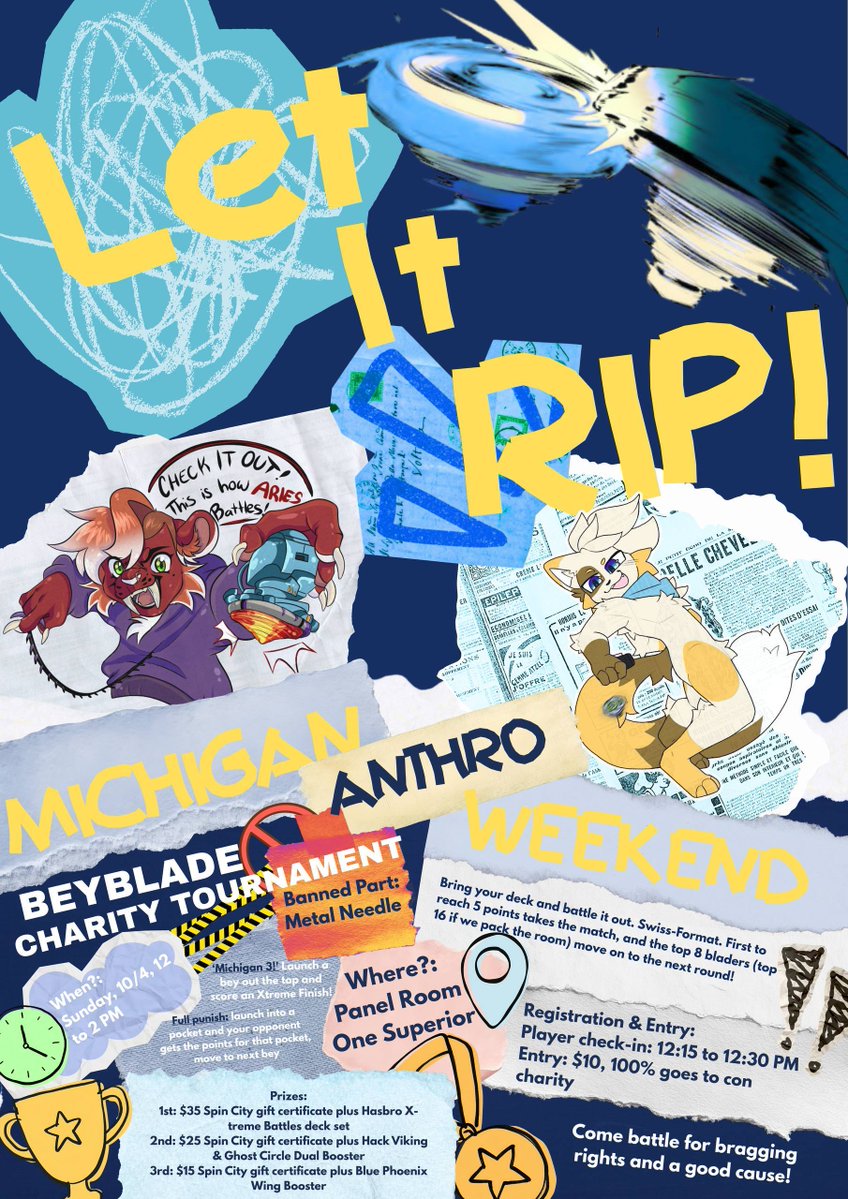 MIAnthroWeekend's tweet photo. Join us Sunday for the MAW Beyblade Charity Tournament! Battle it out for prizes, bragging rights, and most importantly, a great cause! 🐾

12:00 PM
Panel Room 1 – Superior
$10 Entry Fee — 100% goes to charity!

#MAW2026 #MichiganAnthroWeekend https://t.co/X55QwVx0dl