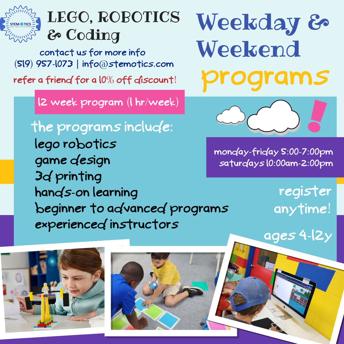 stemotics's tweet photo. 🚀 REGISTER FOR STEMOTICS WEEKLY PROGRAMS! 🤖

🎁 REFER A FRIEND &amp; GET 10% OFF!
Refer a friend to STEMOTICS and receive 10% OFF your program as a thank-you! 

👉 Explore our programs &amp; register: https://t.co/1oqdRxaB3w https://t.co/Pw8bfkJ0Kr