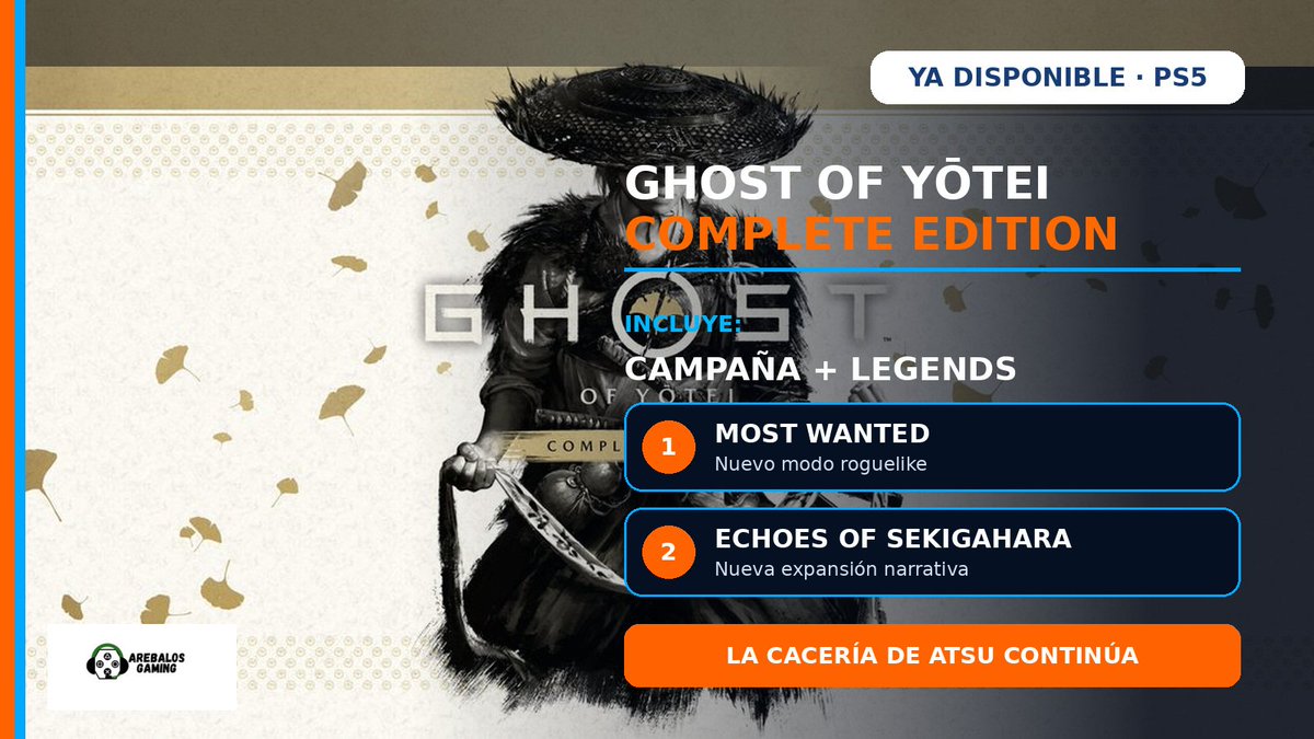 ArebalosGaming's tweet photo. ⚔️ GHOST OF YŌTEI: LA CACERÍA CONTINÚA
Complete Edition ya está disponible en PS5: incluye la campaña, Legends, el modo roguelike Most Wanted y la expansión narrativa Echoes of Sekigahara.
¿Cuál jugás primero? Seguinos en ArebalosGaming.
#GhostOfYotei #PS5 #PlayStation https://t.co/7387MkgePF