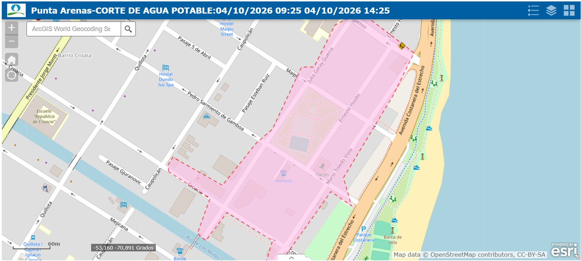 AguasMagallanes's tweet photo. #PuntaArenas, corte no programado desde las 09:25 hasta las 14:25 horas. Sector: Desde Croacia a Rómulo Correa y de Caupolicán a Costanera del Estrecho. El corte se debe a rotura de matriz. https://t.co/j4ufvSwSgp