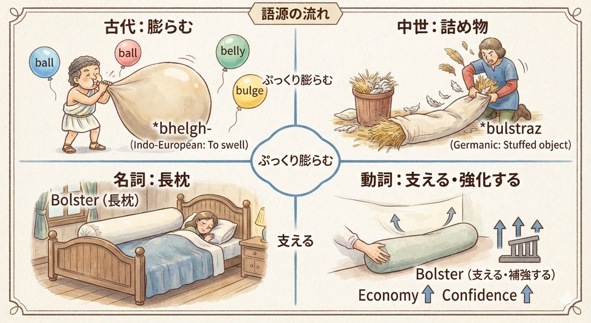 kiriblog1007's tweet photo. 英単語 "Bolster/ 強化する" の語源。これなら理解できた。 https://t.co/XNiJNzuewF