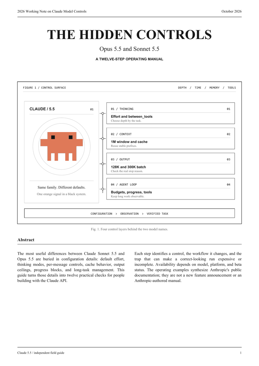 ardentaxbt's tweet photo. Boris Cherny just dropped a 12-page PDF on the hidden controls inside Sonnet 5.5 and Opus 5.5

It is more useful than most paid Claude courses:

this is a 12-step blueprint for getting better results from the same models by changing the settings everyone leaves on default:

step 1 → stop comparing model names with default settings: Sonnet 5.5 starts at high effort, Opus 5.5 at medium, so your "fair test" may already be rigged

step 2 → use Sonnet’s between_tools mode when the task is clear and tool-driven: skip the long up-front think, keep the short reasoning between actions

step 3 → change effort inside a long conversation with per-message effort: go low for routine turns, high for the hard decision, and keep the cached prefix intact

step 4 → fix the "silent agent" illusion: 5.5 progress updates can live in thinking blocks, so a quiet UI does not mean the model stopped working

step 5 → treat the 1M-token window as room for evidence, not permission to dump every chat, file and outdated source into one request

step 6 → put stable instructions before changing task data: both models can cache from 512 tokens, and repeated work gets much cheaper when the prefix actually hits

step 7 → know the two output ceilings: both models support 128K in normal use, while Sonnet can reach 300K in the Batch API beta for jobs that can wait

step 8 → stop forcing a tool call to get JSON: the 5.5 models can reject forced tool_choice; use a strict schema, validate the result, and treat max_tokens as incomplete work

step 9 → use Opus fast mode only where latency changes the outcome; send large offline queues through batch instead of paying interactive prices for work nobody is watching

step 10 → give long agent loops a total task budget and deliberate compaction points, so they finish with an inspectable state instead of dying halfway through a tool chain

step 11 → add or update tools in the conversation without rebuilding the entire cached prefix, then keep permissions and tool versions explicit

step 12 → launch the whole policy in shadow mode first: compare verified completions, total spend, latency and human repair before automating the safest lane

Most people pay for a bigger model when the actual problem is an invisible default, a broken cache, or a missing completion check.

The result: Sonnet handles fast, checkable work; Opus handles the decisions that can change the project; the hidden controls make both routes cheaper to run and easier to verify.

Save this. Boris's 12-page field guide and the control-surface diagram are below ↓