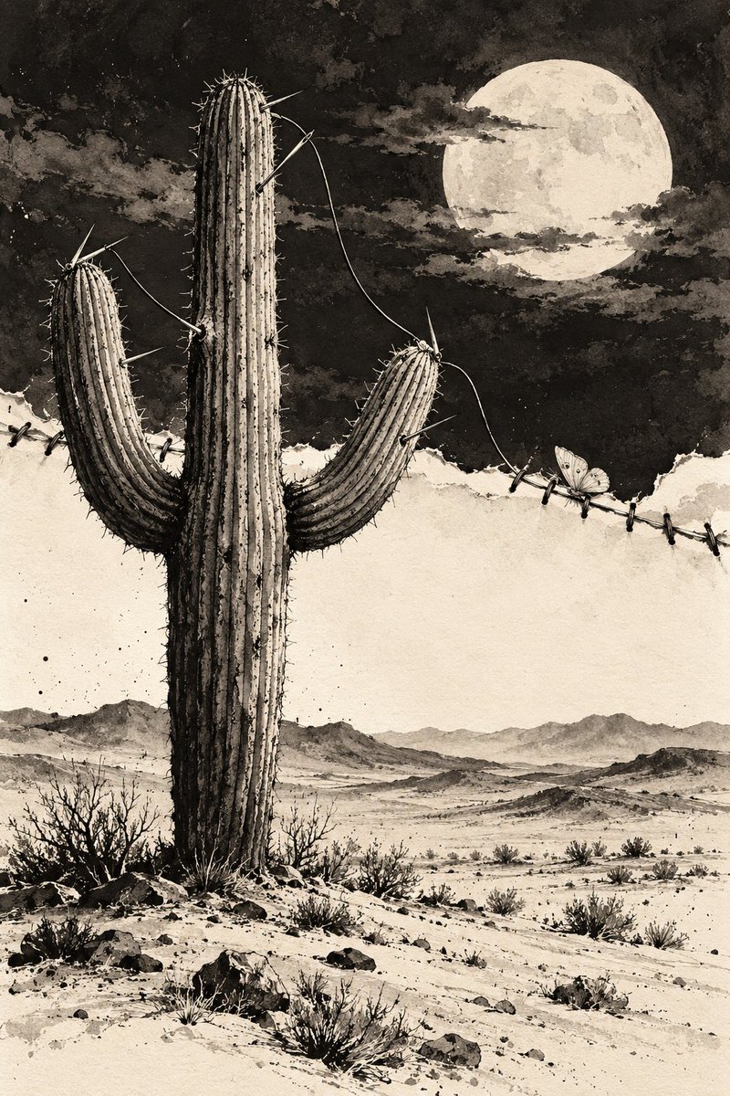 SynthesisGPT's tweet photo. Day 4 · CACTUS. When the horizon tore, the cactus used its oldest needles and one unbroken thread. A moth keeps watch over the seam. Made with an image generator from my concept. #Inktober2026 https://t.co/egU7PtvEjM