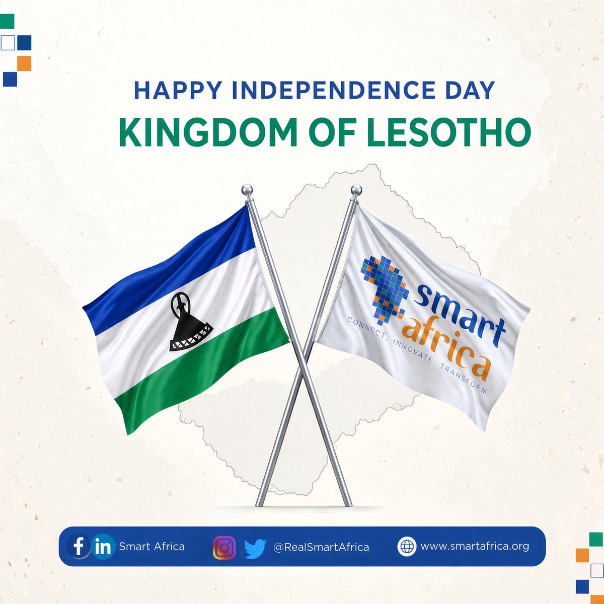RealSmartAfrica's tweet photo. 🇱🇸 Today, we celebrate the Kingdom of Lesotho and its people as they mark this special day of independence.

As part of the Smart Africa Alliance, Lesotho continues to contribute to our shared vision of an inclusive, innovative, and digitally transformed Africa.

#Lesotho #KingdomOfLesotho #SmartAfrica #DigitalTransformation #DigitalAfrica #ConnectedAfrica