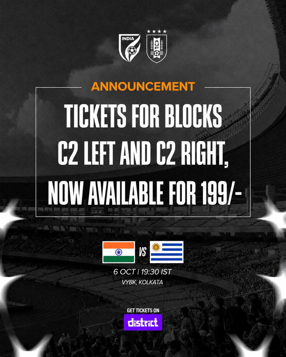 IndianFootball's tweet photo. Ticket price update for 🇮🇳🆚🇺🇾

Get tickets on https://t.co/EWNP1YWpEK 🎟️ 

#INDURU #IndianFootball https://t.co/th1T2iU9UT