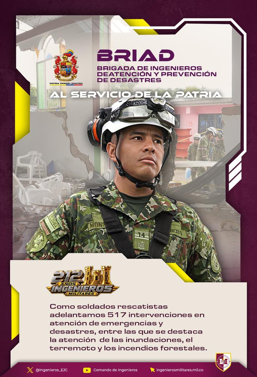 Ingenieros_EJC's tweet photo. BRIAD I Este año, nuestros soldados rescatistas realizaron 517 intervenciones en atención de emergencias y desastres. 

Inundaciones que transformaron calles en ríos, incendios forestales que amenazaron comunidades y terremotos que dejaron familias enfrentando momentos de incertidumbre. Ante cada emergencia, nuestros #IngenierosMilitares estuvieron presentes para responder y brindar apoyo.

Cada intervención representa una respuesta oportuna; pero, sobre todo, una mano tendida a quienes atravesaban uno de los momentos más difíciles.

#212AñosAlServicioDeLaPatria