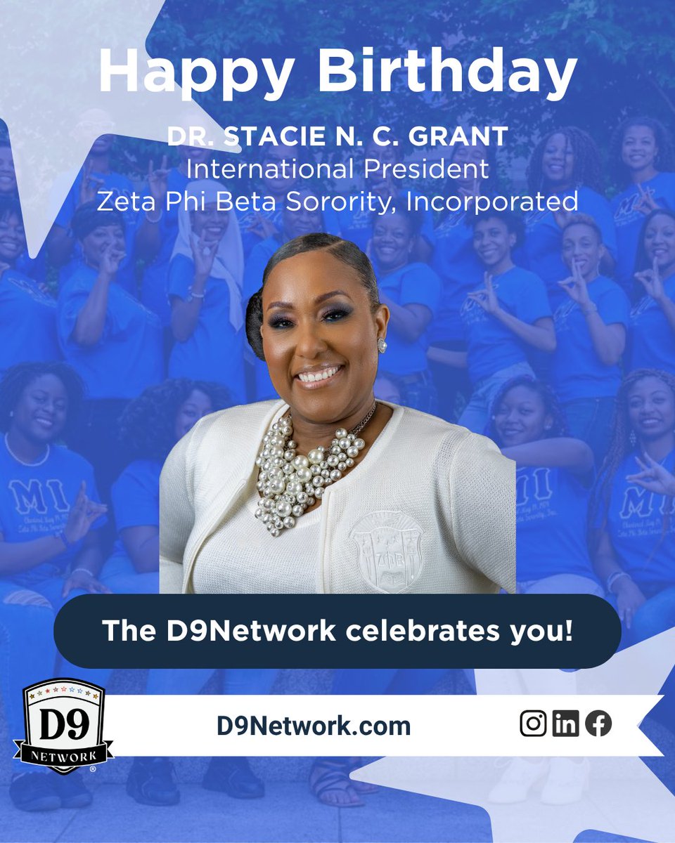 thed9network's tweet photo. Zeta family, today we’re celebrating! 💙🤍🎉
Happy Birthday to Dr. Stacie N. C. Grant, International President of Zeta Phi Beta Sorority, Incorporated!
D9 family, help us show Dr. Grant some birthday love! 👇🏾
#ZetaPhiBeta #TheD9Network https://t.co/99Xo5XBuTL