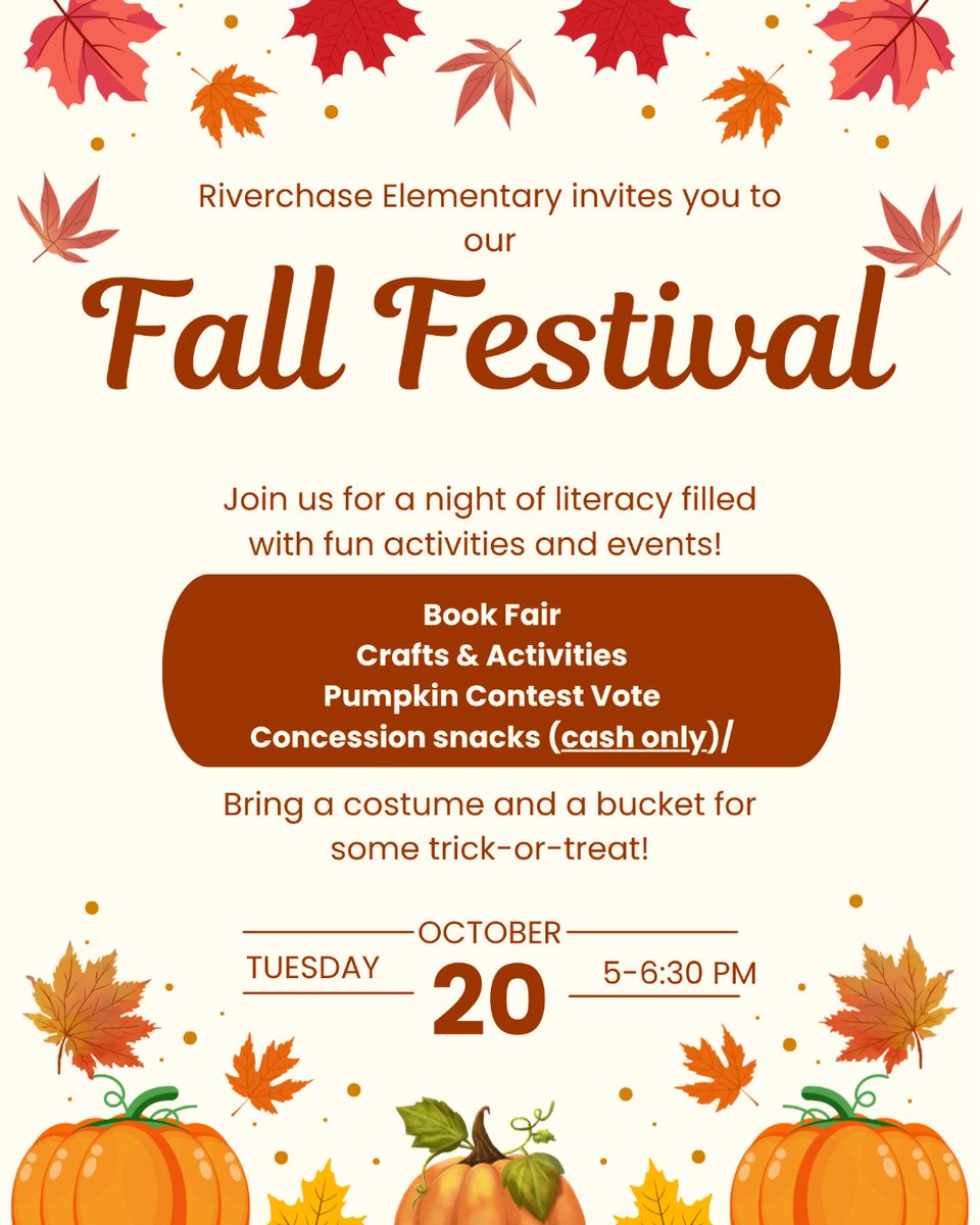 TeamRiverchase's tweet photo. Join us for a night of literacy filled with fun activities and events! Book Fair, Crafts &amp; Activities, Pumpkin Contest Vote and Concession snacks (cash only)! Bring a costume and a bucket for some trick-or-treat! Tuesday, October 20! 5-6:30PM https://t.co/FZUa8Mau8b