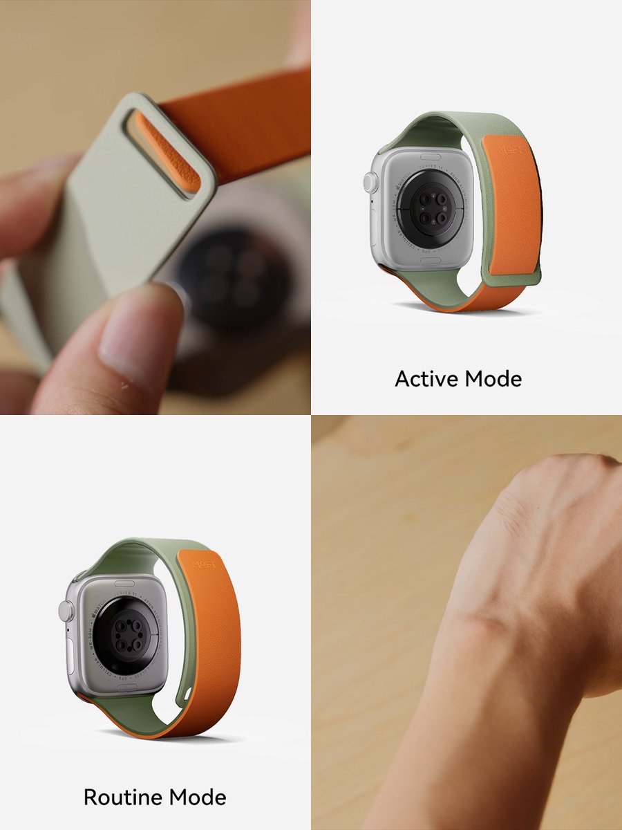 A collage showcases a smartwatch band in sage green and orange with two configurations: "Active Mode" (top right) showing the band clipped securely to the watch, and "Routine Mode" (bottom left) displaying the band attached via magnetic closure, alongside close-up detail shots of the band's material and the magnetic attachment mechanism being worn on a wrist.