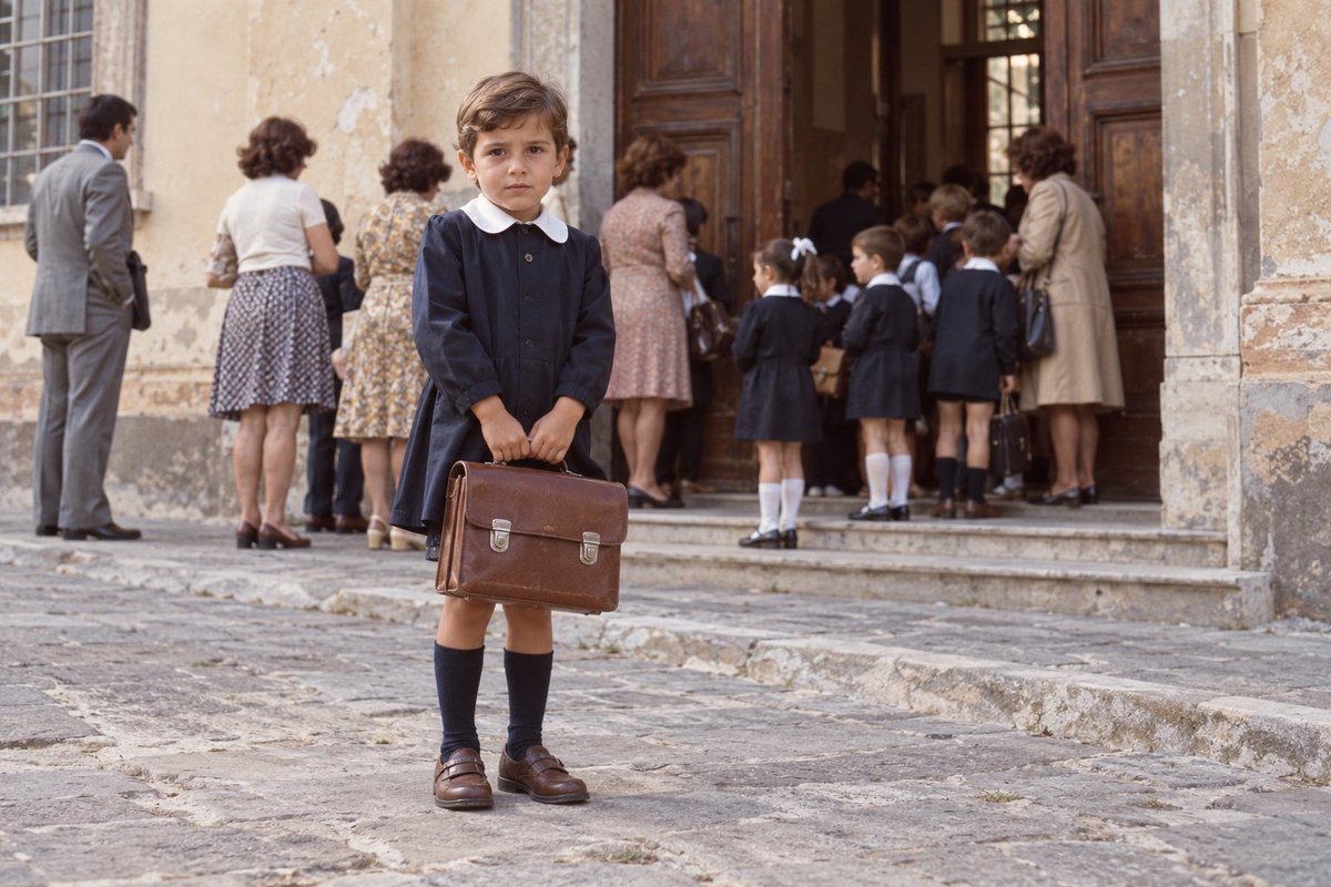 SalvOasi's tweet photo. In fondo sono poi passati solo una 50ina di  anni dal mio primo giorno di scuola.
Grembiule, cartella e mia madre: «Vedrai, ti divertirai».

Poi ho scoperto che bisognava tornarci anche il giorno dopo.

Voi lo ricordate il vostro primo giorno? https://t.co/6pyamx6P9h