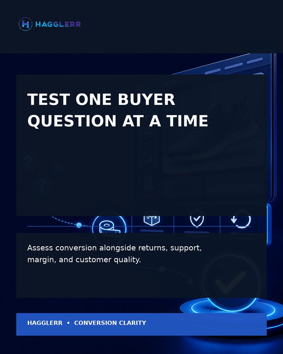 HagglerrApp's tweet photo. Test one buyer question at a time. Document the current page, make a measured change, then assess conversion alongside returns, support, margin, and customer fit. https://t.co/ol8tkDOCrL