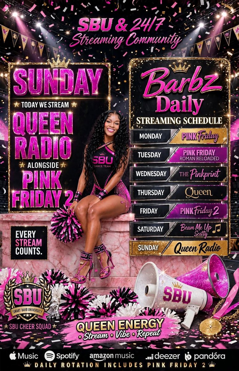 PrettyHustlerzz's tweet photo. Good Morning #CheerSquad π£
Itβs #QueenRadio Sunday π
Todayβs Focus Is #QueenRadio
Please Continue To Add All Of @NICKIMINAJ Discography To All Your Daily Playlists π
ππ§β’ #QueenRadio β’ https://t.co/hDwGGGTA0Q
ππ§ β’ #QueenRadio X #PF2 β’ https://t.co/ebevpl0IxN
ππ§β’ #QueenRadio X #PF2 X #BAAB β’ https://t.co/QD65qlVYpk
ππ§β’ #QueenRadio X #TPP β’ https://t.co/Zy0faxgBTD
ππ§β’ #QueenRadio β’ Sunday Boost β’ https://t.co/9ilHrln7nR
π§Weekly Schedule Links
π£π Spotify β’ https://t.co/edeOpScZTd
π£π Apple β’ https://t.co/sDSpQgvLgQ
π£π Amazon β’ https://t.co/PtIdmial7e
π£π YouTube β’ https://t.co/DnJpAT7RWe
#NickiMinaj #QueenRadio #BAAB #PF2 #TPP #SBU #Barbz