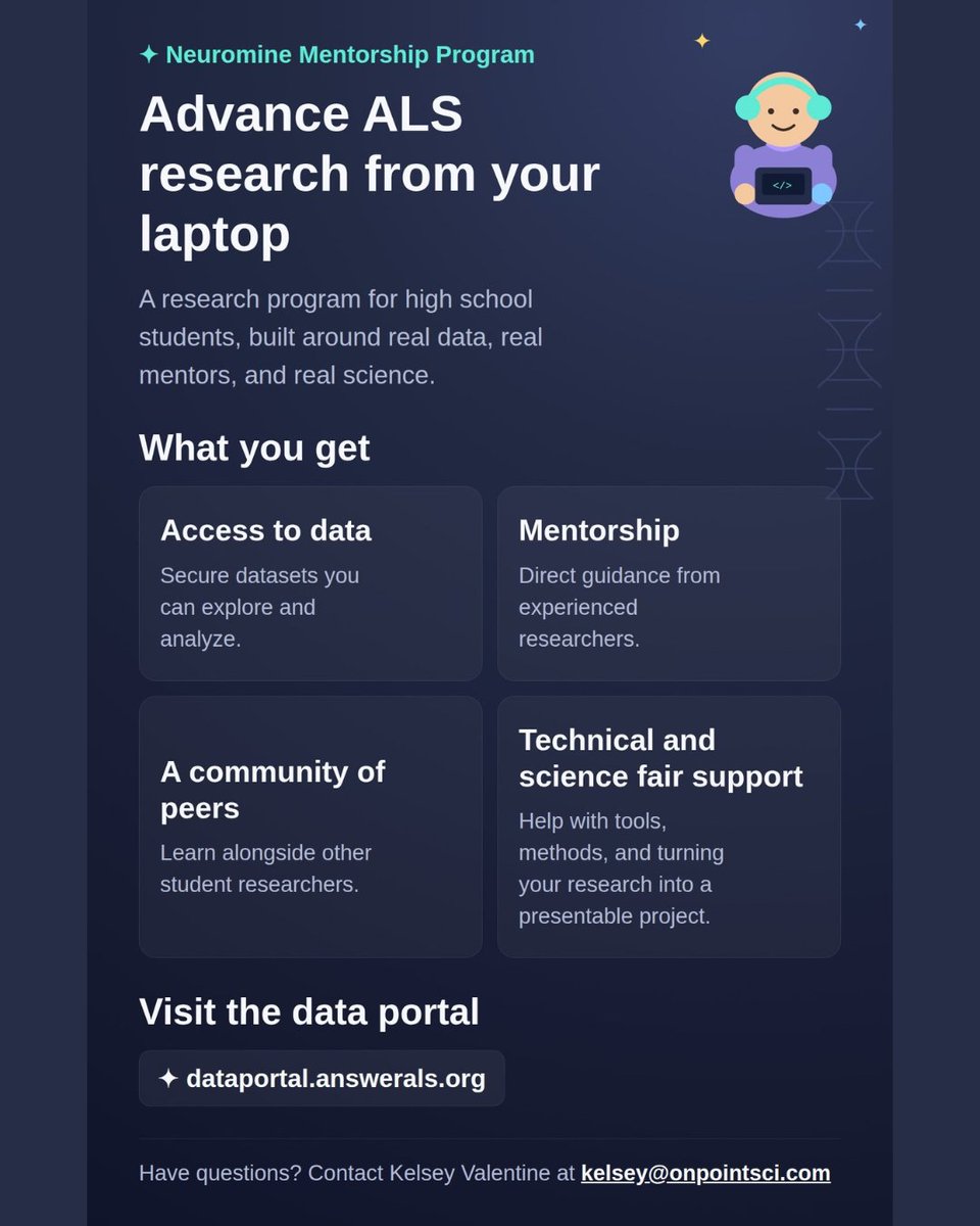 AnswerALS's tweet photo. High school students interested in STEM: join our virtual after-school program. You will work with real ALS research data, receive expert mentorship, and build valuable bioinformatics skills before you graduate. Email kelsey@onpointsci.com to learn more. https://t.co/px6eZGqTE8