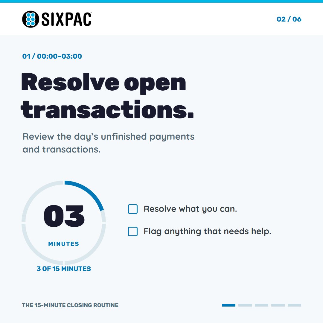 getsixpac's tweet photo. A 15-minute close: resolve open transactions, confirm tomorrow, capture follow-ups, note inventory exceptions, and document unresolved items. What would you add? #Operations #SIXPAC https://t.co/8aJVEZF6cX