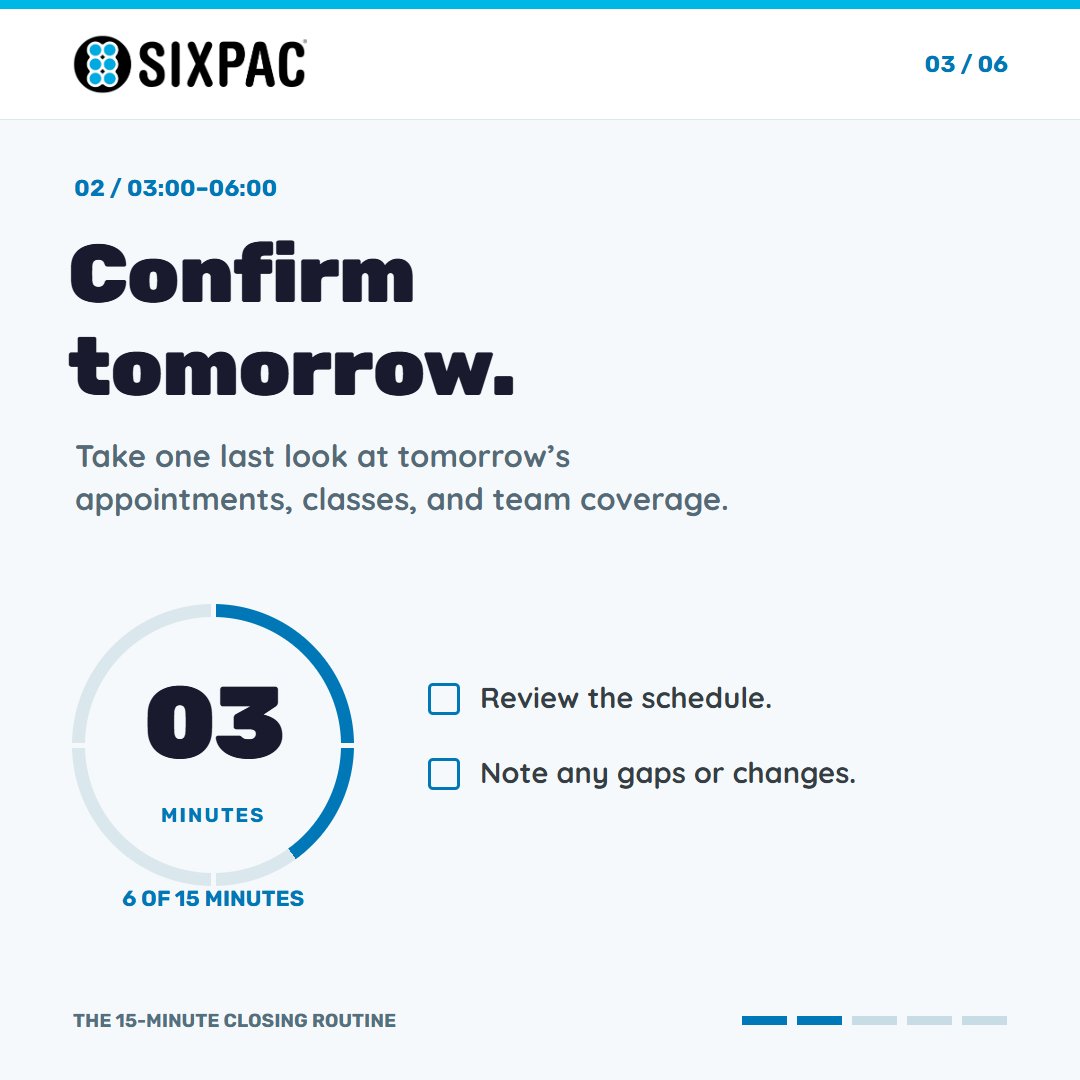 getsixpac's tweet photo. A 15-minute close: resolve open transactions, confirm tomorrow, capture follow-ups, note inventory exceptions, and document unresolved items. What would you add? #Operations #SIXPAC https://t.co/8aJVEZF6cX