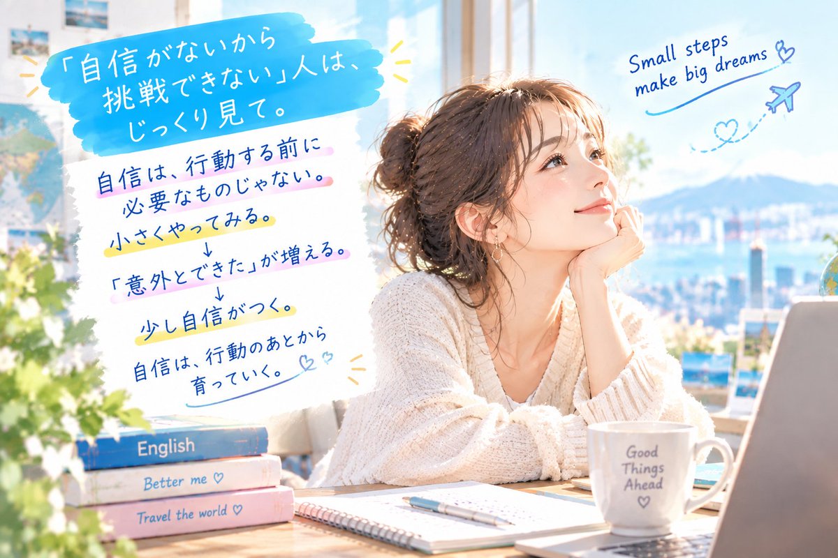 tomoima20221's tweet photo. 「自信がないから挑戦できない」人は、じっくり見て。

自信は、行動する前に必要なものじゃない。

小さくやってみる（いきなり大きなことはしなくてOK）
↓
「意外とで��た」が増える。
↓
少し自信がつく。「私にも出来るかも」と感じられる
自信は、行動のあとから育っていく🍀 https://t.co/YDjVp60aEP