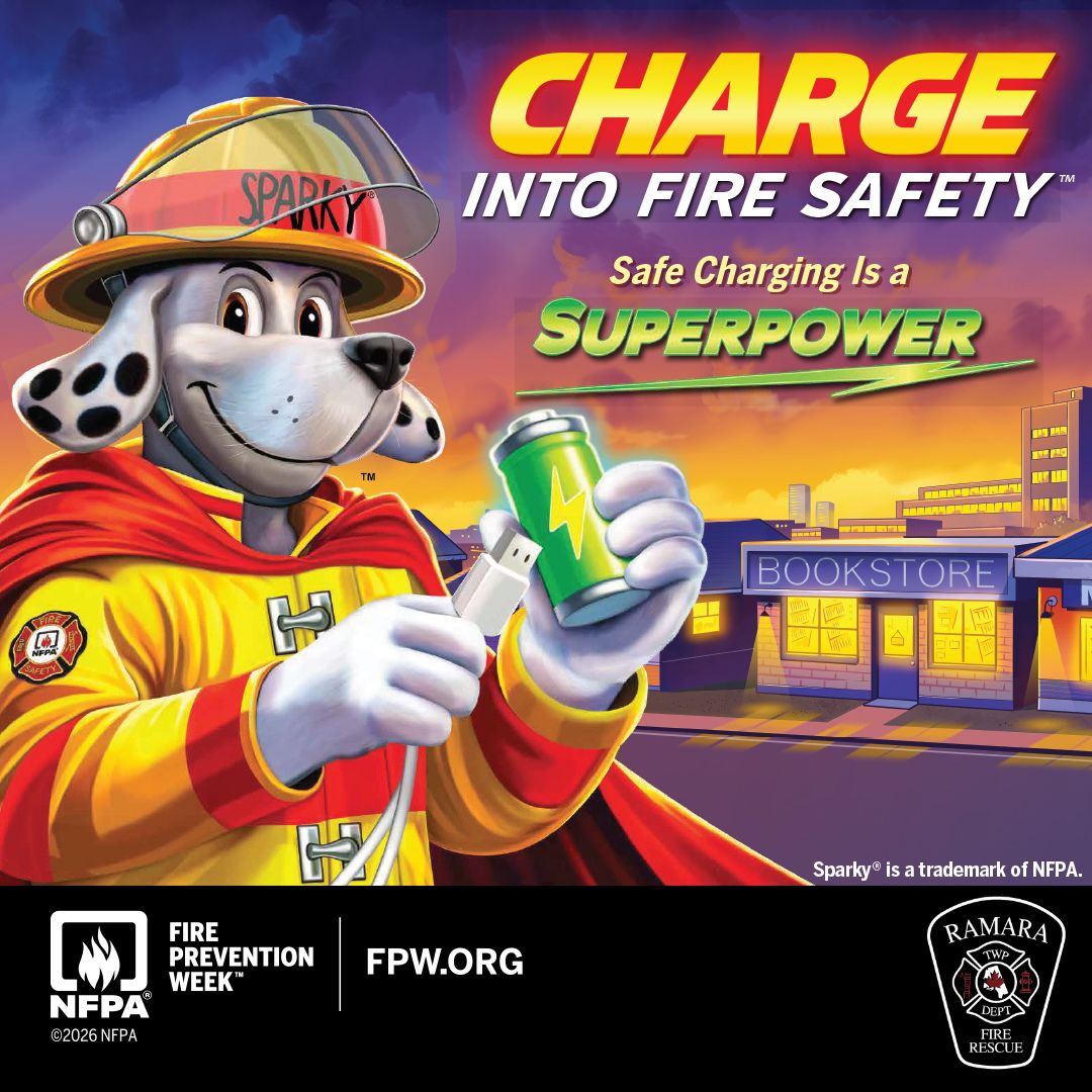 ramarafire's tweet photo. Ramara Fire and Rescue Services is teaming up with NFPA to
promote this year’s Fire Prevention Week™, October 4 -10, Charge
into Fire Safety™: Safe Charging Is a Superpower. Help us spread
the word that everyday actions can help prevent lithium-ion battery
fires. https://t.co/buTfZoNarD