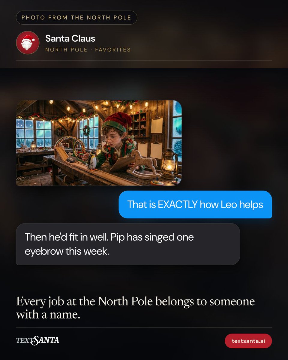 textsantaai's tweet photo. Every job at the North Pole belongs to someone with a name.

#textsanta #northpole #christmaself #holidaytraditions #momlife #santaclaus #Christmas #Santa

https://t.co/Wf8QXJFRi5 https://t.co/L8ODegoBA4