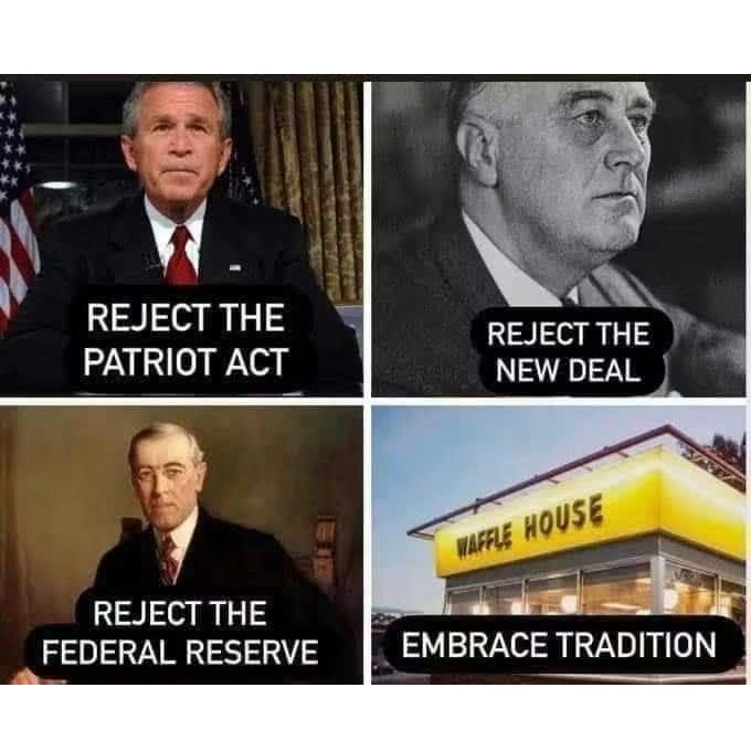 gwpro's tweet photo. Can we just turn toward what brings us all together? #PatriotAct #NewDeal #EndTheFed #IncomeTax #inflation #centralbanks #WaffleHouse #politics #optout #tradition https://t.co/xClZg6b0uL