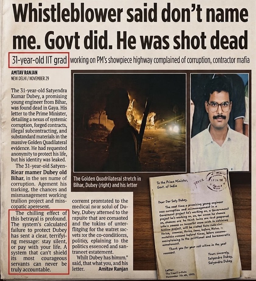 CitizenKamran's tweet photo. In 2002, an IIT Kanpur civil engineer working as an IES officer wrote to Prime Minister Vajpayee, exposing corruption in the $10 billion Golden Quadrilateral Corridor - India's biggest highway project.  

1/8 https://t.co/EQjWKA5Ej2