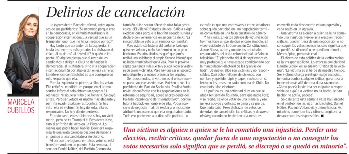 mcubillossigall's tweet photo. La izquierda no pierde, a ellos los “vetan”
No los critican, los “cancelan”
Y con ellas no se discrepa, se les hace “mansplaining”

Son siempre víctimas de todo y responsables de nada

Hoy en @__elmercurio “Delirios de Cancelacion” https://t.co/Up6eozh4L3